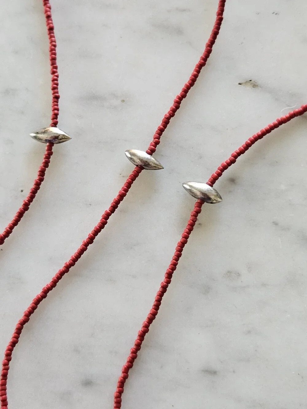 Cabo San Lucas Red Coral and Silver 3 Strand Beaded Necklace/Bracelet or Anklet